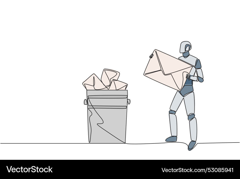 Single one line drawing robot throw large Single one line drawing robot throw large vector image
