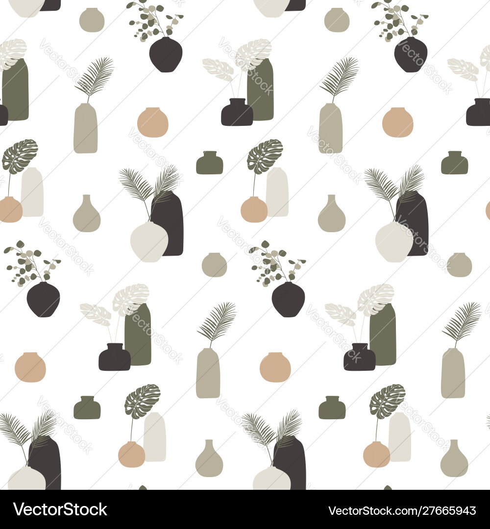 Seamless pattern with vases and leaves concept Seamless pattern with vases and leaves concept vector image
