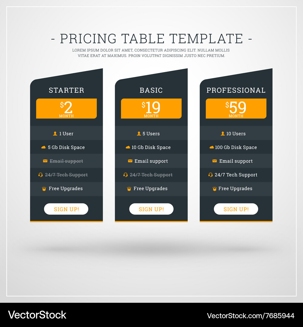 Design template for pricing table websites Vector Image