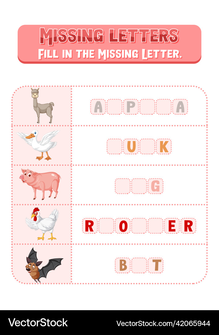 Fill the missing letter of each word worksheet Vector Image