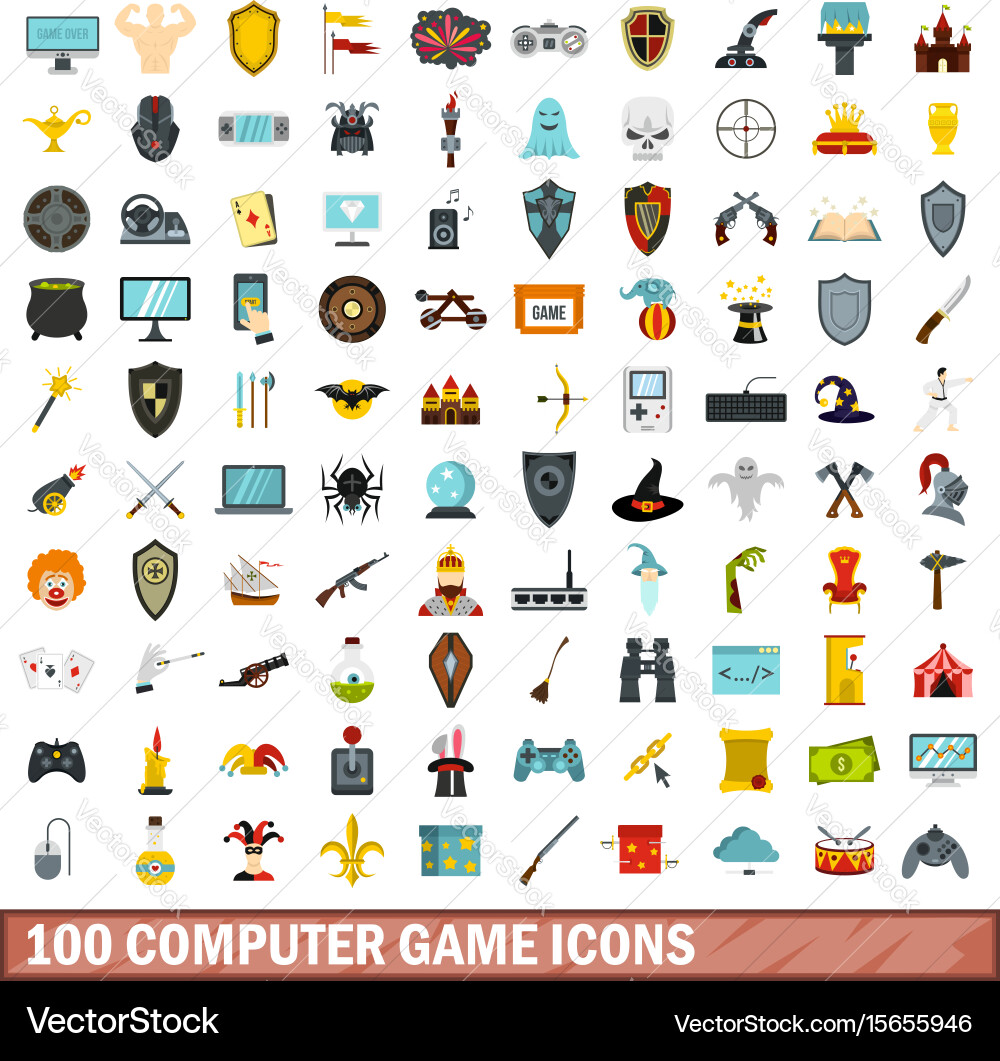 100 computer game icons set flat style Vector Image