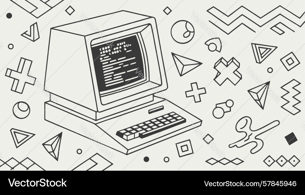 Retro Computing Desktop-Computer mit geometrischen Vektorbild