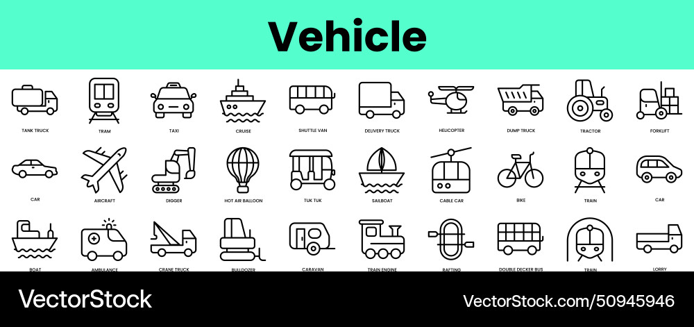 Set of vehicle icons linear style icon bundle Set of vehicle icons linear style icon bundle vector image