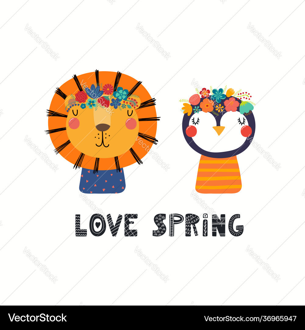 Cute animals lion penguin in flower crowns Cute animals lion penguin in flower crowns vector image