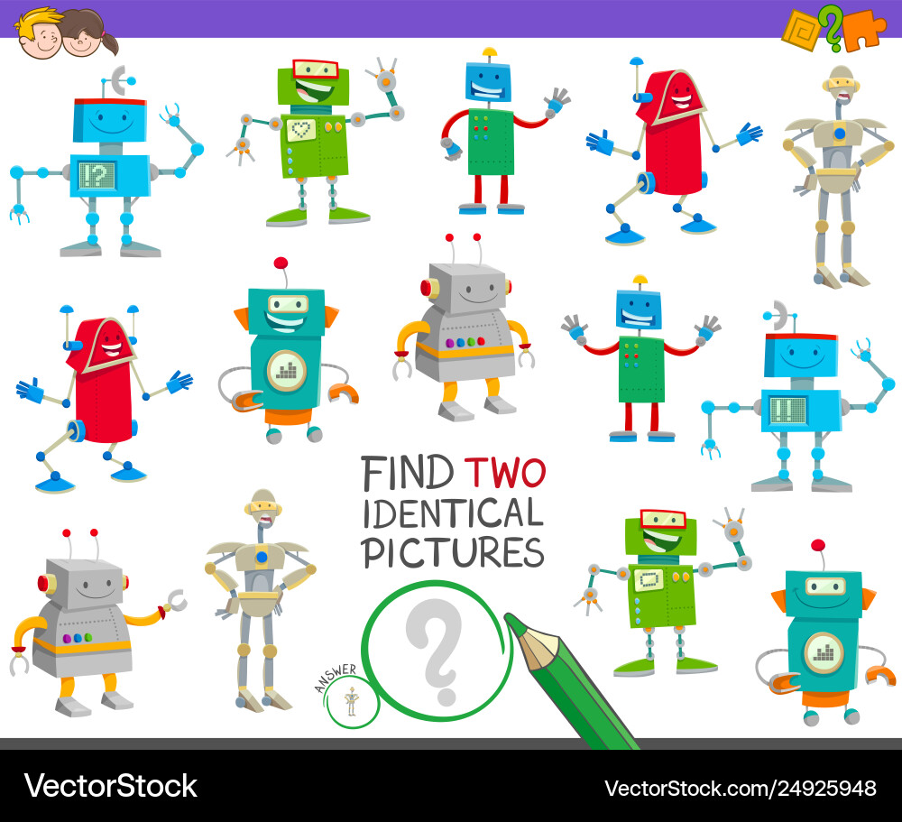 Find two identical robots task for children Find two identical robots task for children vector image
