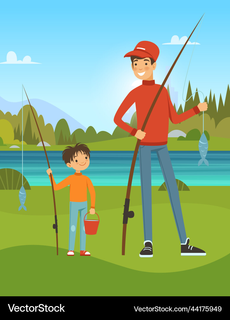 Family fishing son and father outdoor Family fishing son and father outdoor vector image