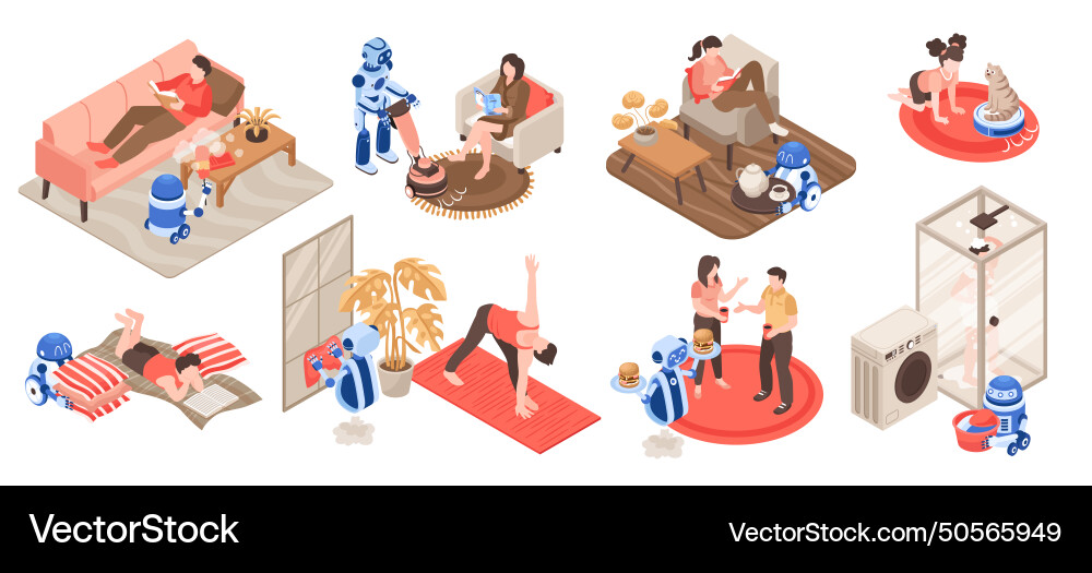 Isometric icons set with robots doing housework Vector Image