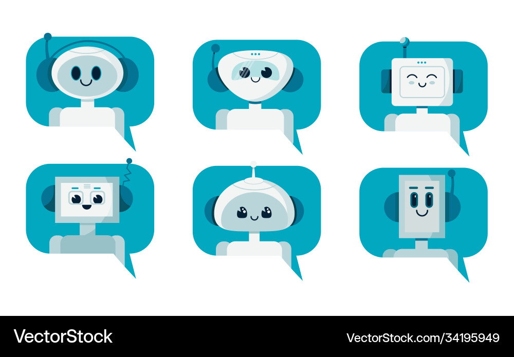 Set smiling cute robot chat bots in speech Set smiling cute robot chat bots in speech vector image