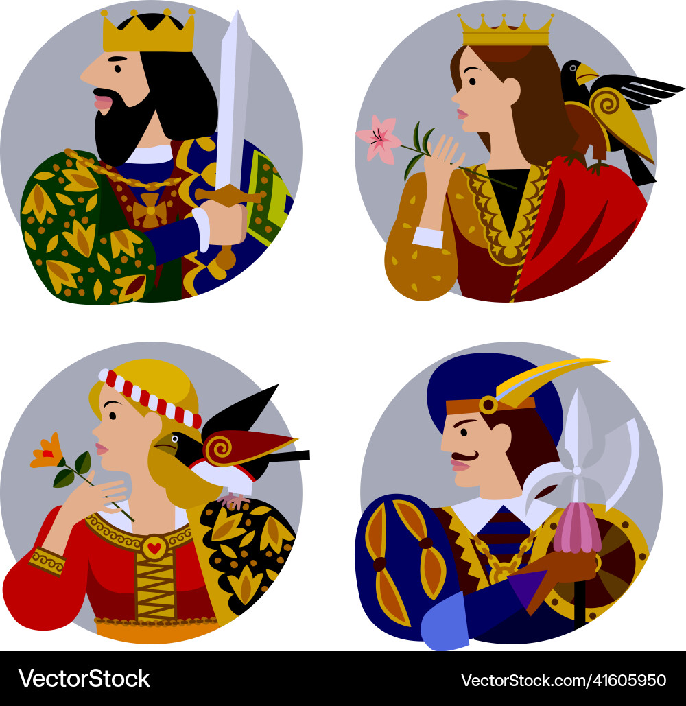 Playing card portraits in round frame isolated Playing card portraits in round frame isolated Vector Image