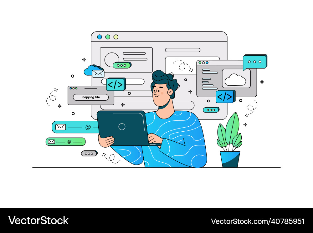 Clever Mann testen Computer-Website oder Schnittstelle Clever Mann testen Computer-Website oder Schnittstelle vektorbild