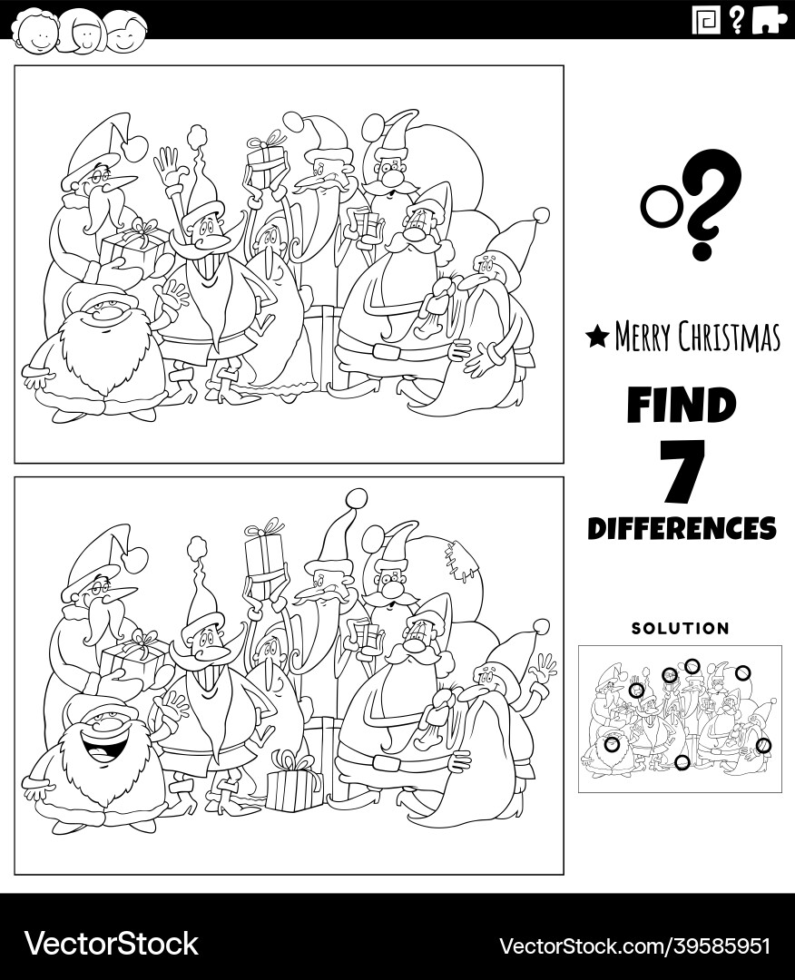 Differences game with santa characters coloring Differences game with santa characters coloring vector image