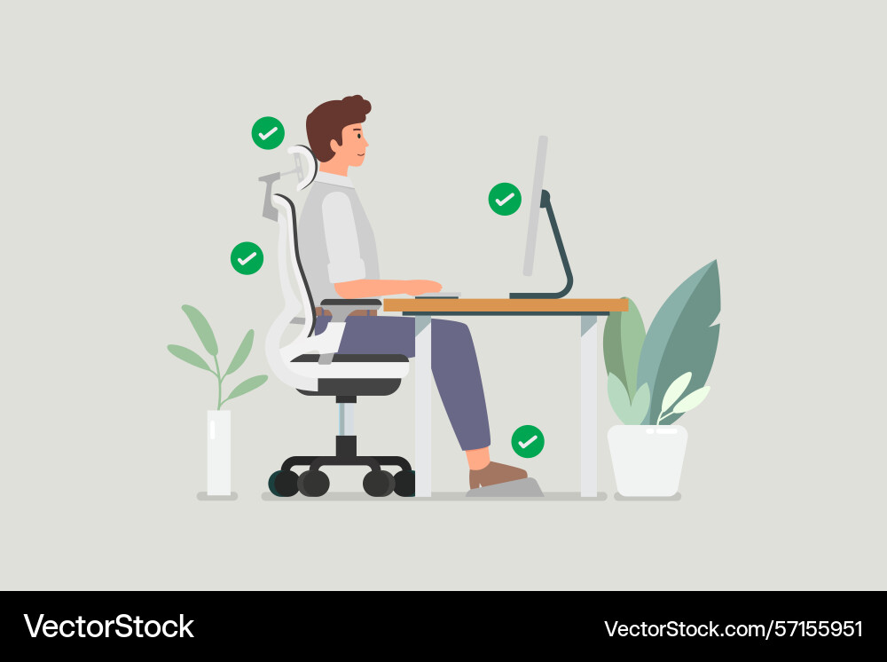 Man sitting properly at desk and working Man sitting properly at desk and working vector image