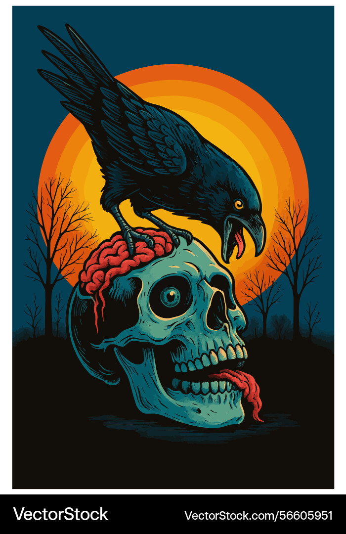 Raven resting on skull with brain and moon Vector Image