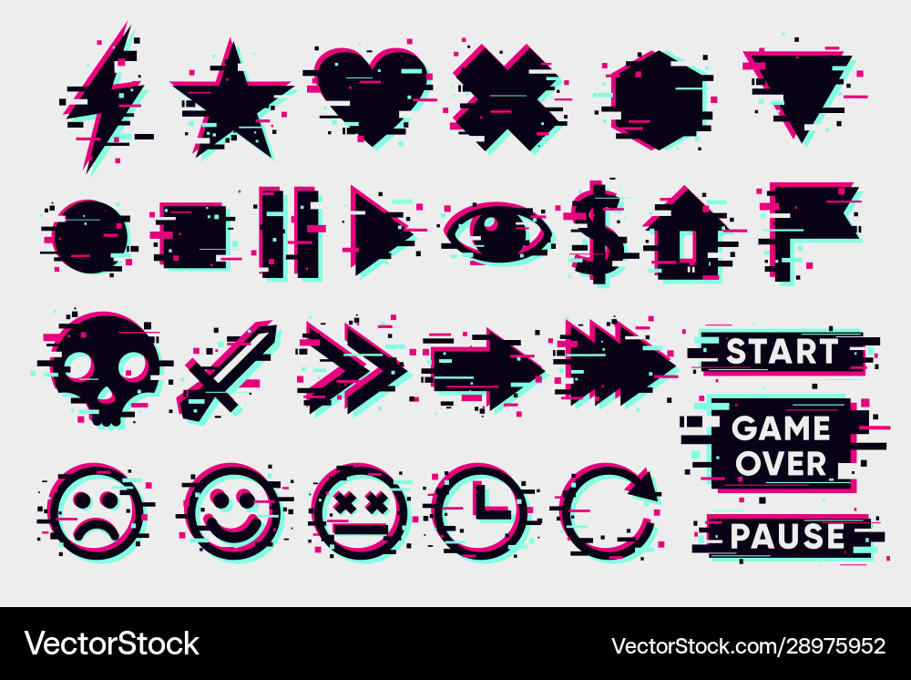 Glitch icons set interface navigation elements Glitch icons set interface navigation elements vector image