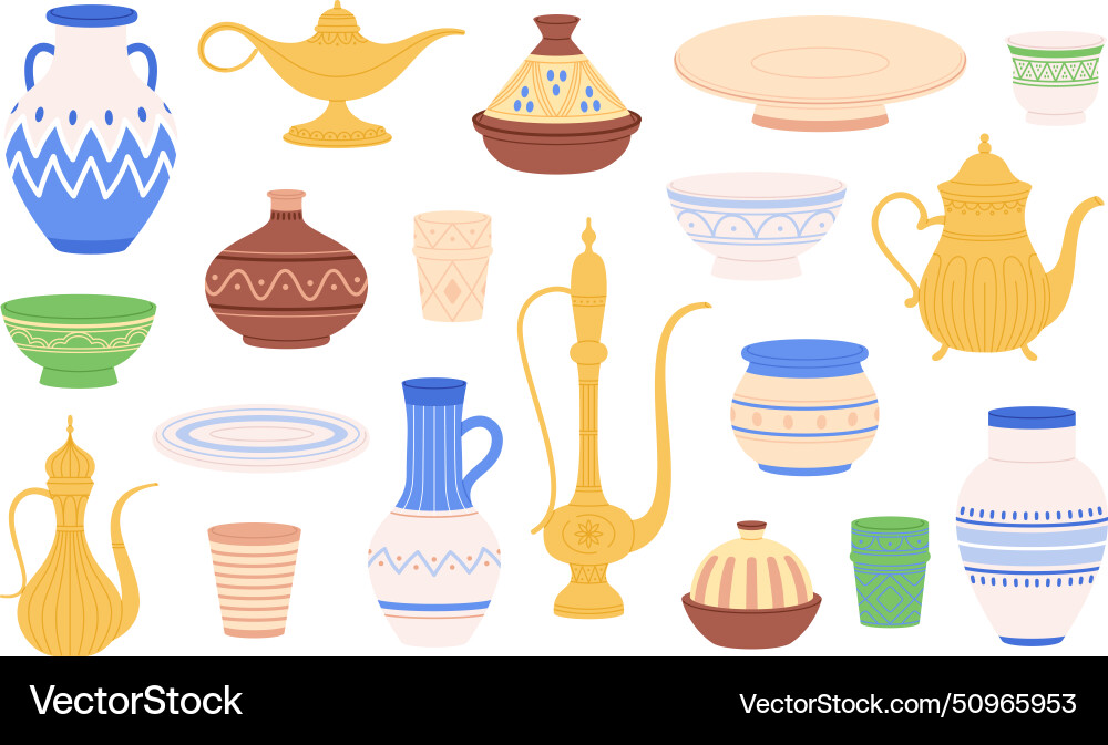 Arabic jugs and crockery moroccan saudi ancient Arabic jugs and crockery moroccan saudi ancient vector image