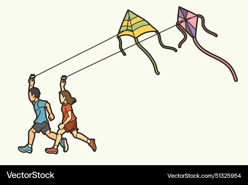 A boy and girl running fly kite A boy and girl running fly kite vector image