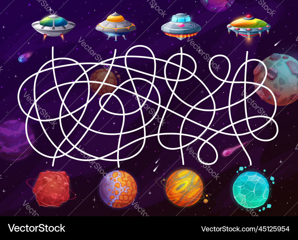 Labyrinth maze help to ufo find planet game Labyrinth maze help to ufo find planet game vector image