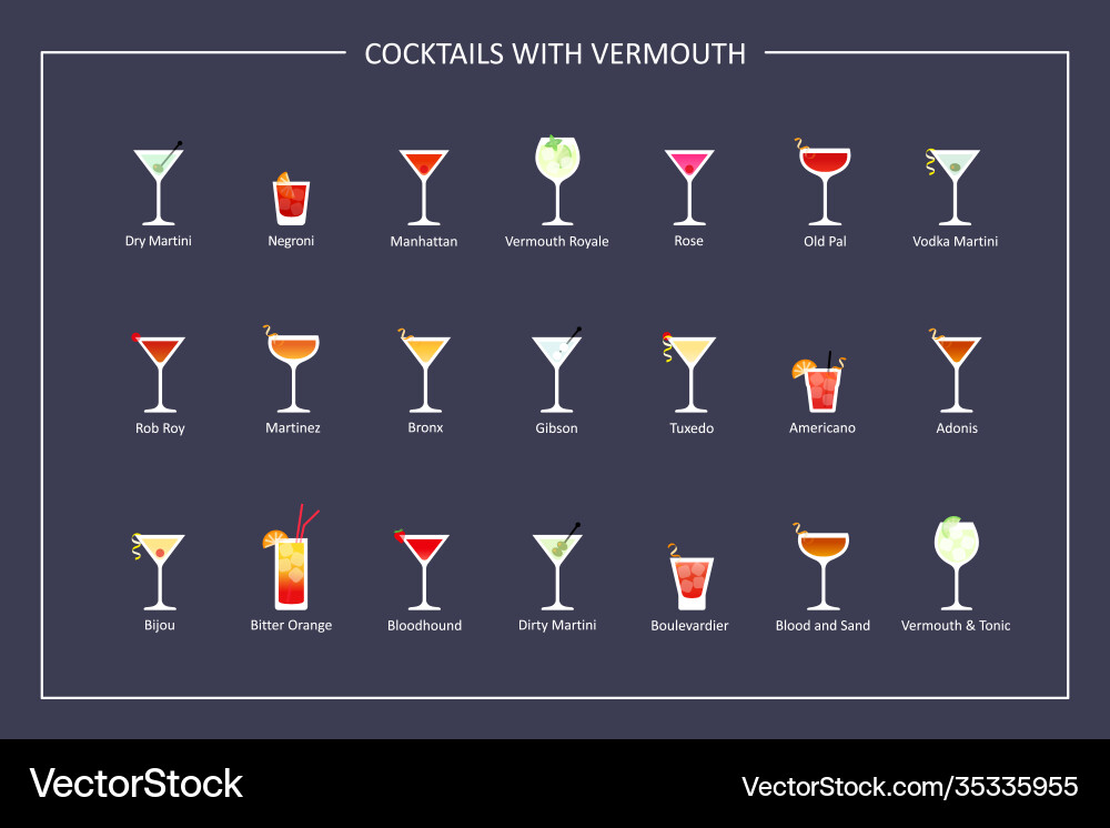 Cocktails mit Forellenführer flache Ikonen auf Dunkel Cocktails mit Forellenführer flache Ikonen auf Dunkel Vektorbild