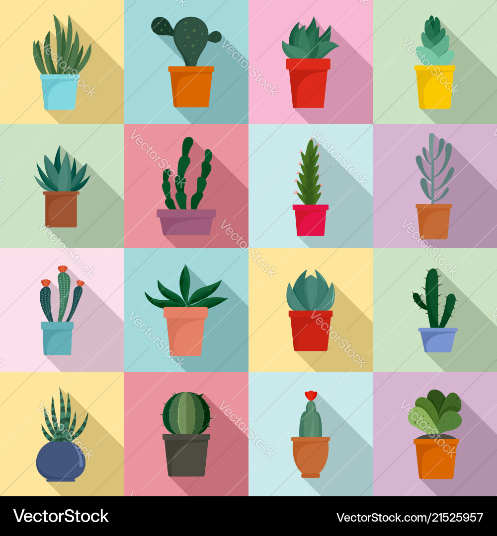 Succulent and cactus flowers icons set flat style Succulent and cactus flowers icons set flat style vector image