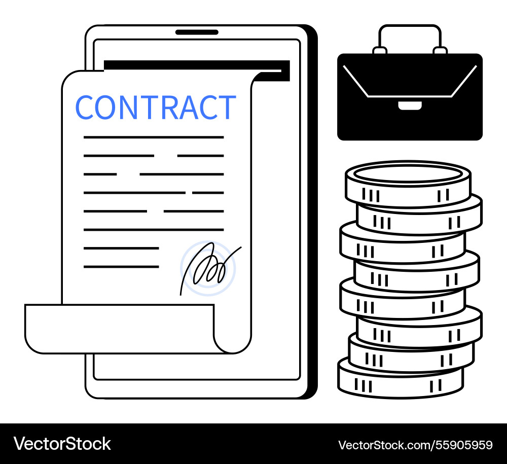 Digital contract signing with coins and briefcase Digital contract signing with coins and briefcase Vector Image