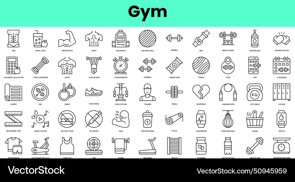 Set of gym icons linear style icon bundle Set of gym icons linear style icon bundle vector image