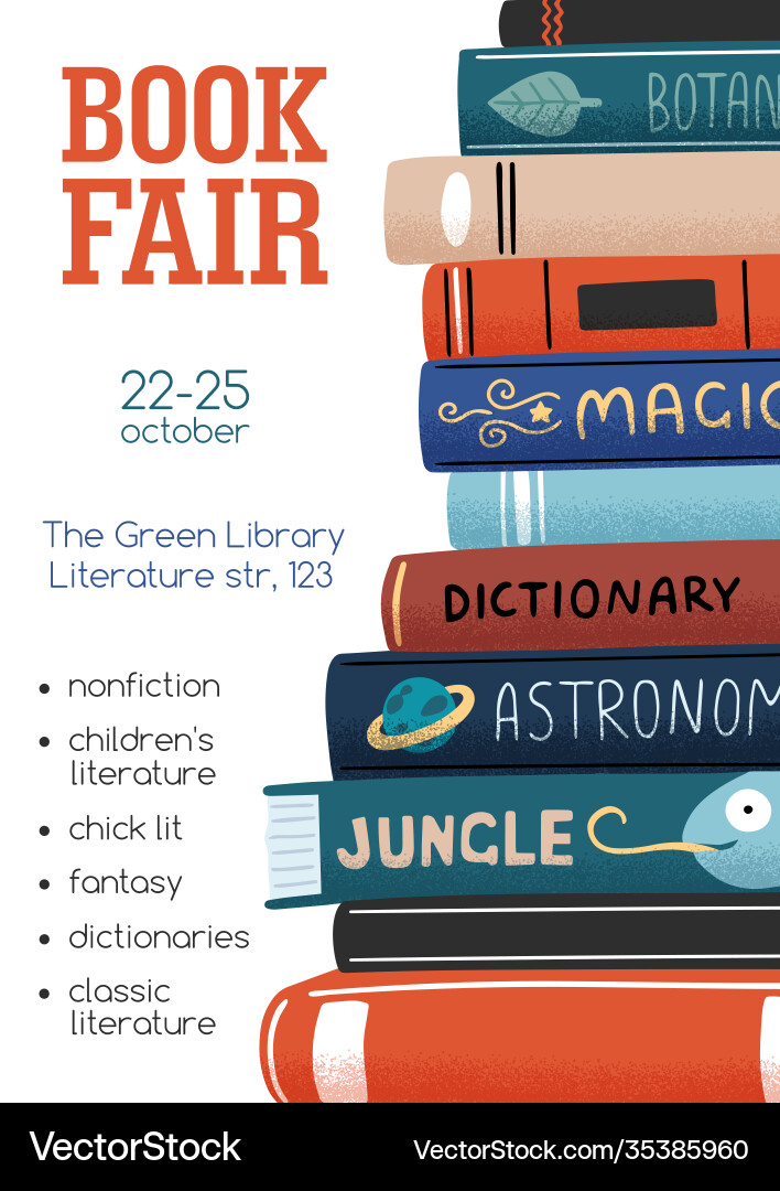 Promo poster for book fair with stack different Promo poster for book fair with stack different vector image