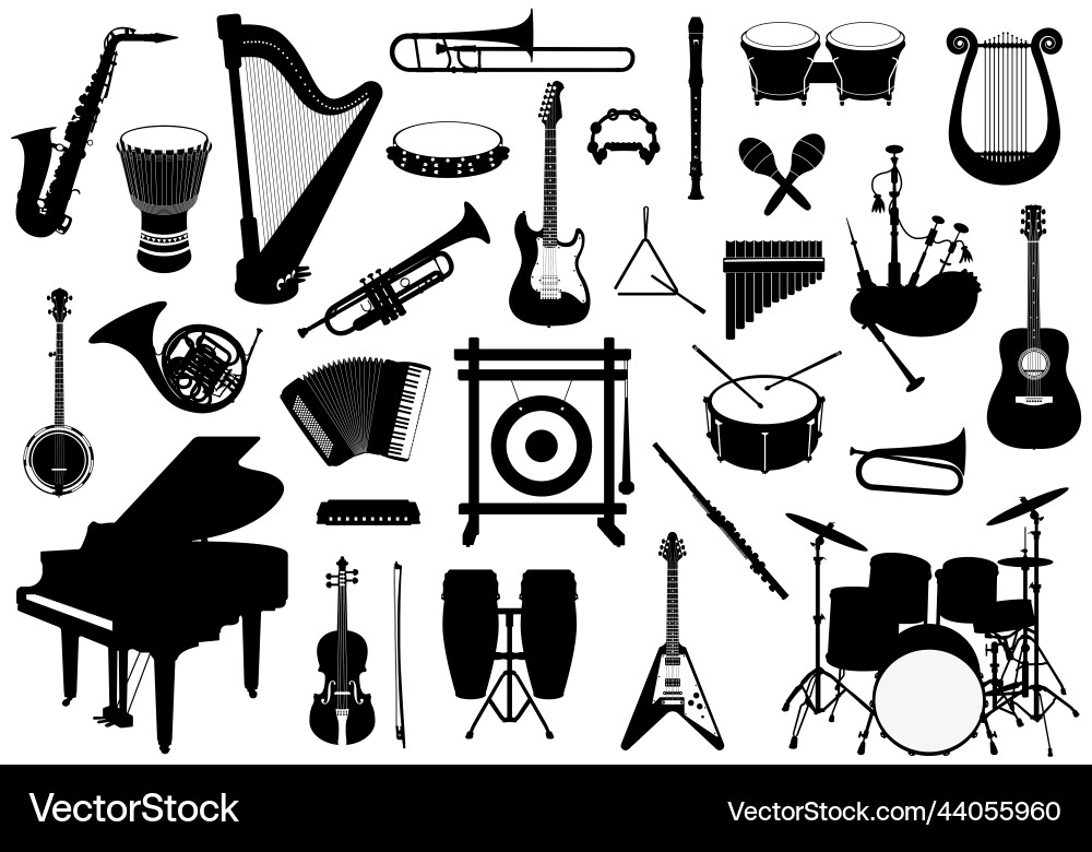 Set of musical instruments silhouettes Set of musical instruments silhouettes vector image