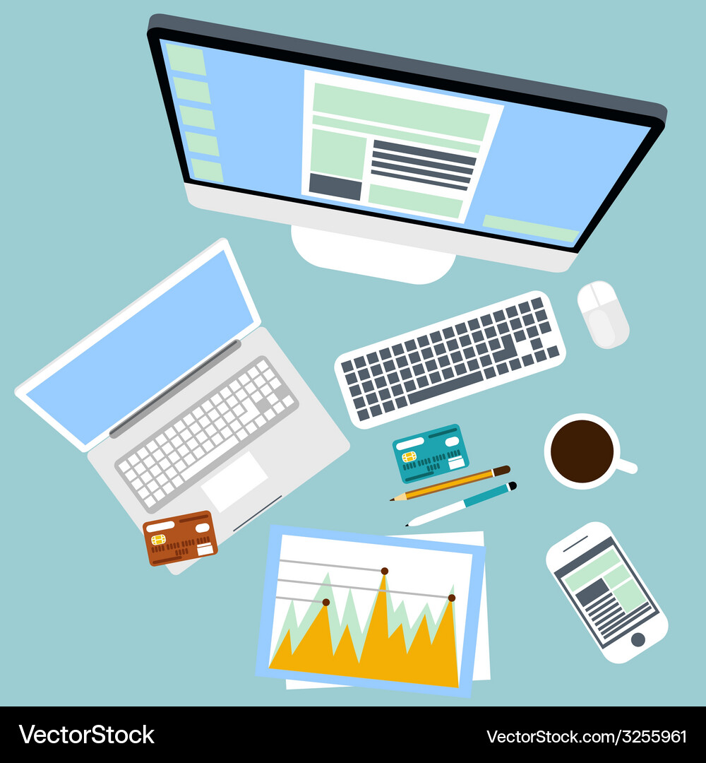 Top view of workplace with computer and devices Vector Image