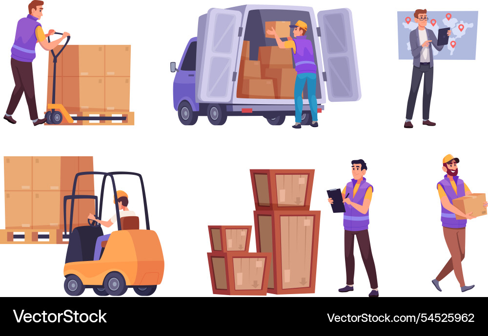 Logistic services warehouse workers optimizing Vector Image