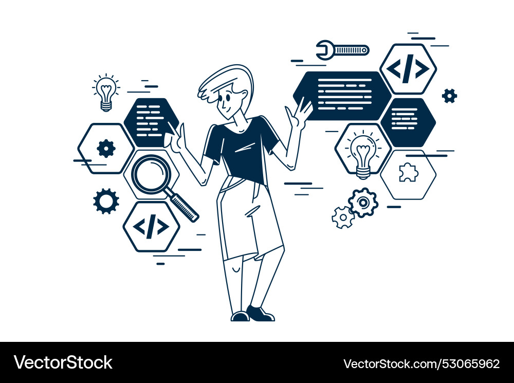 Programmer is coding and repairing some machine vector image