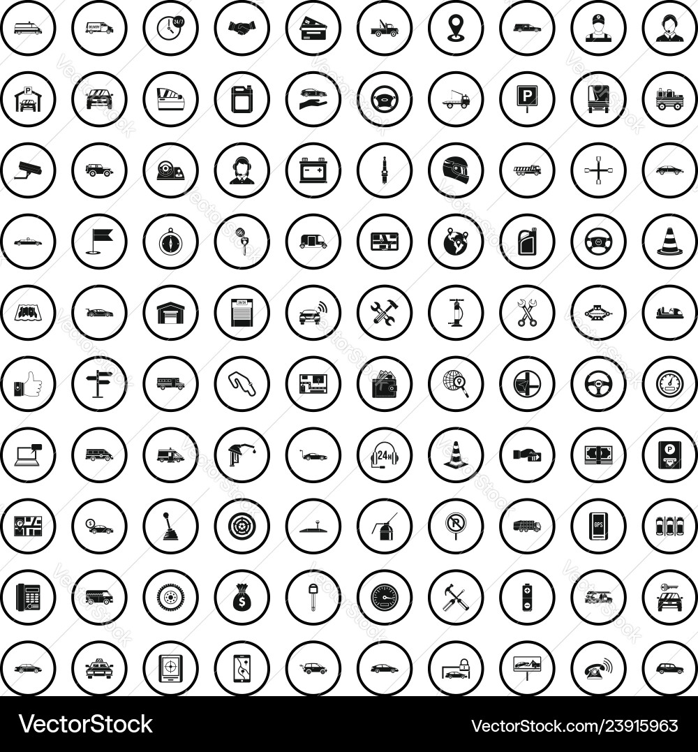 100 auto icons set simple style 100 auto icons set simple style vector image