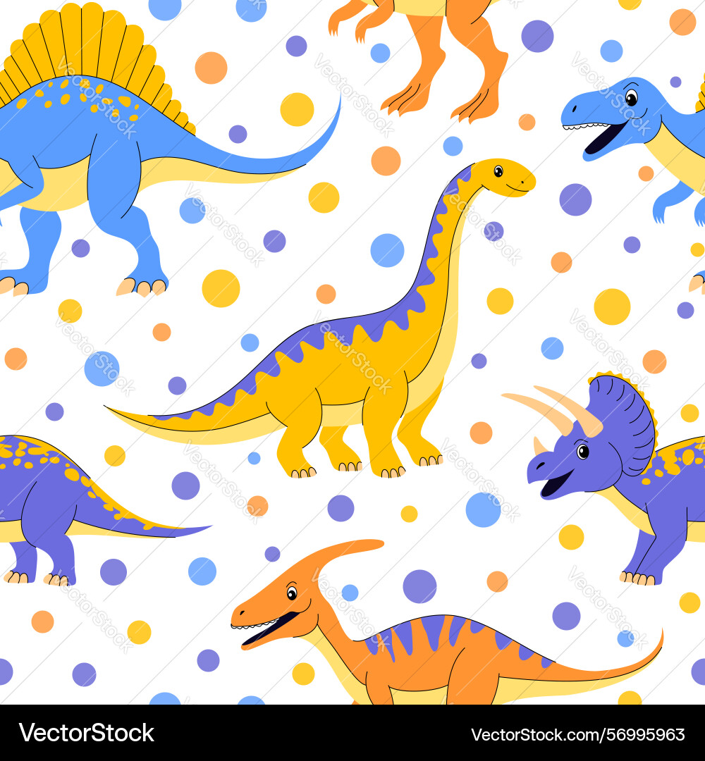 Seamless pattern with dinosaurs and colorful dots Vector Image