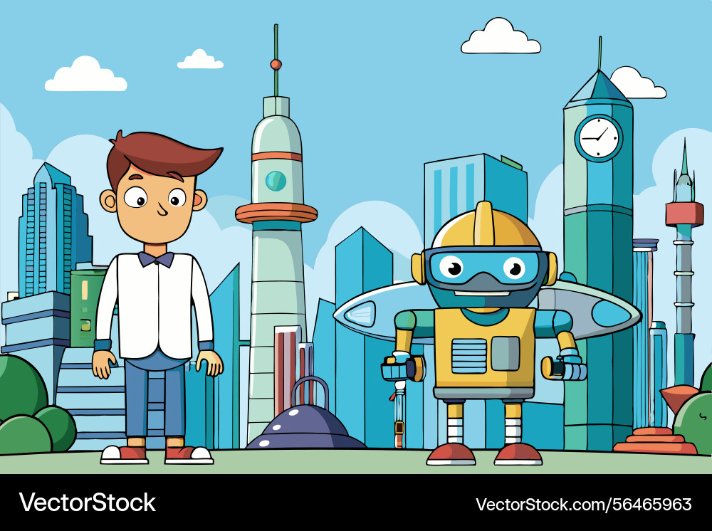 Two inventive children standing with their robot vector image