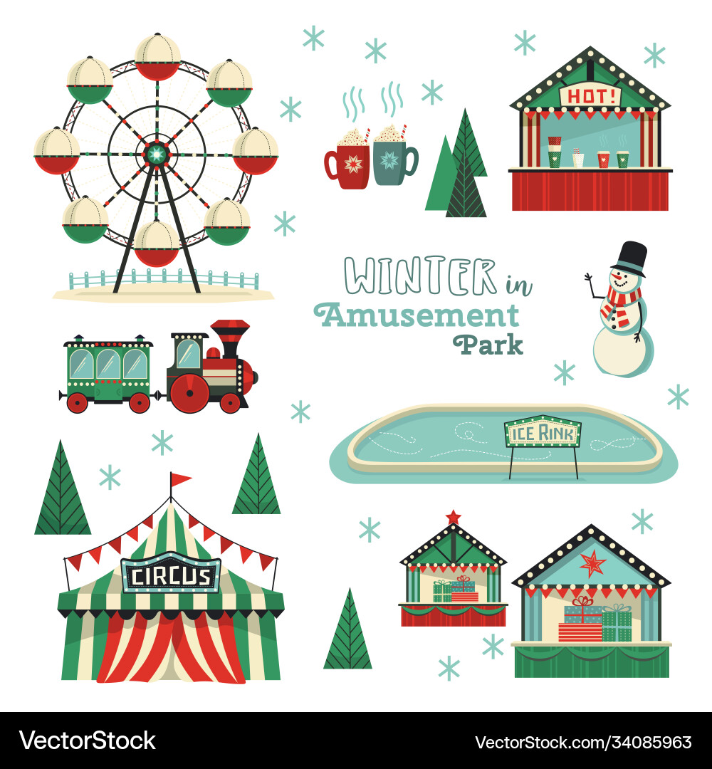 Winter amusement park flat icon set Winter amusement park flat icon set vector image