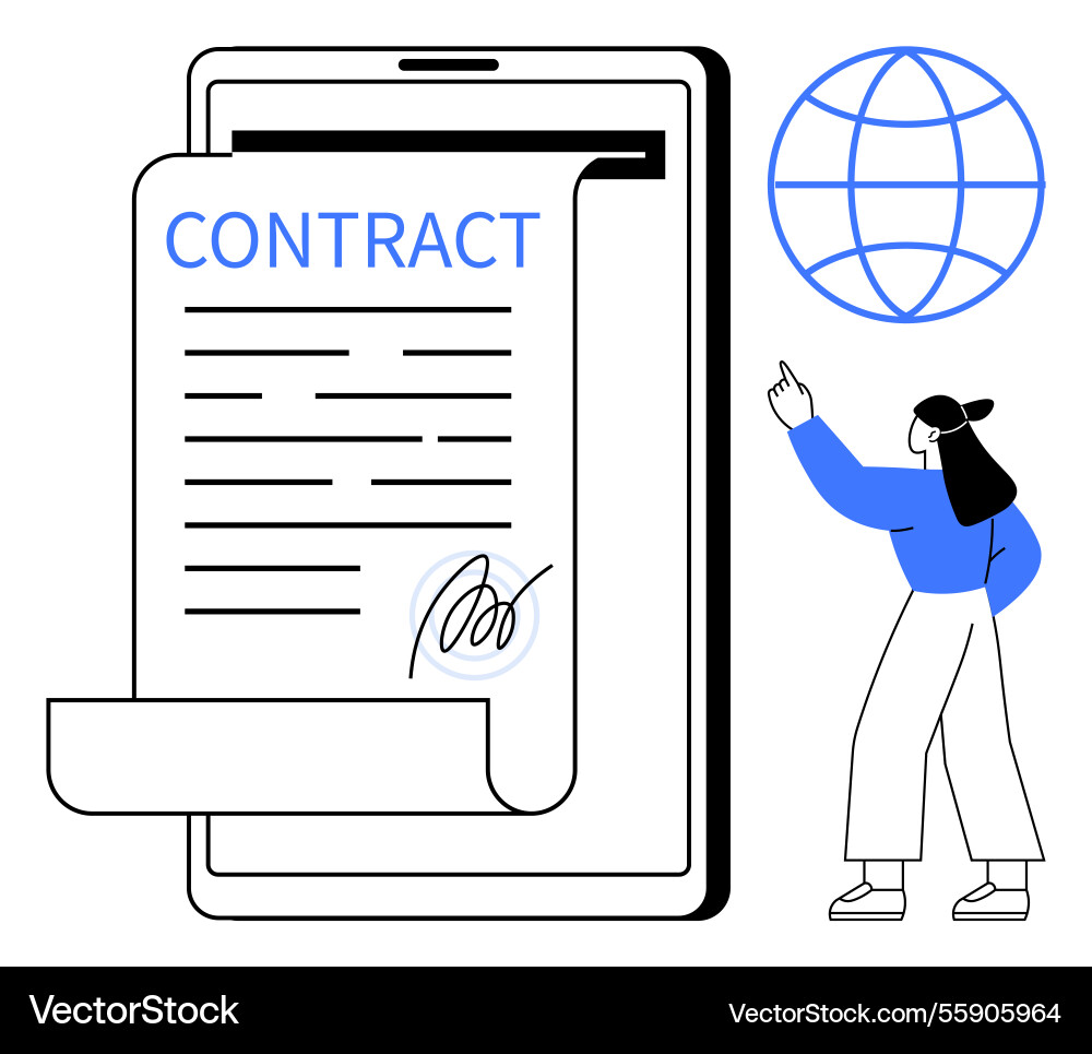 Digital contract signing on tablet with global Digital contract signing on tablet with global Vector Image
