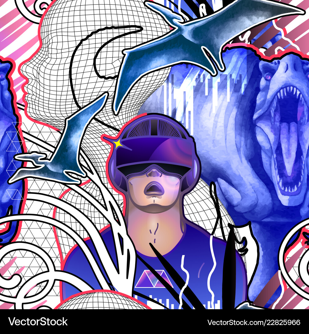 Mann trägt Vr Gläser unter den Dinosaurier-Netz Mann trägt Vr Gläser unter den Dinosaurier-Netz vektorbild