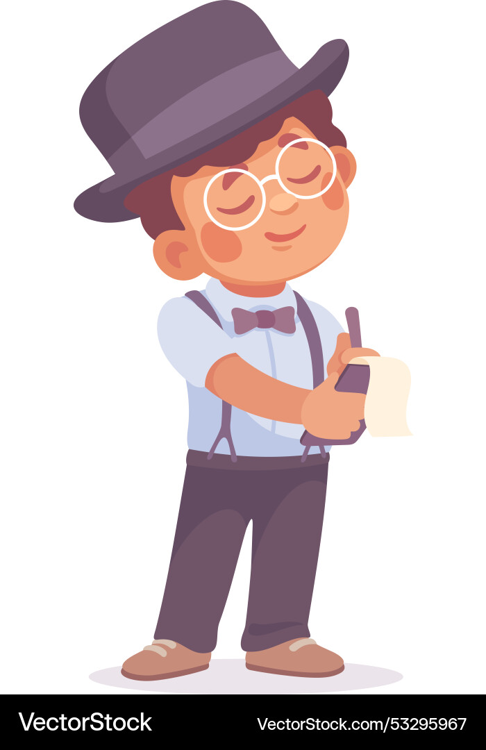 Inspecting detective boy character write notes Inspecting detective boy character write notes Vector Image