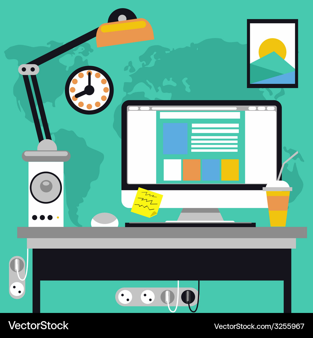 Modern Workspace with Computer and Map Vector Image