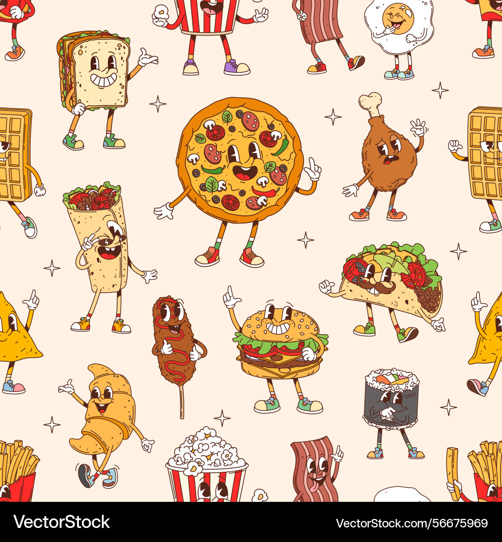 Groovy fast food characters seamless pattern Groovy fast food characters seamless pattern vector image