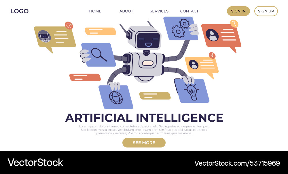 Multi-tasking ai robot managing various digital Multi-tasking ai robot managing various digital vector image