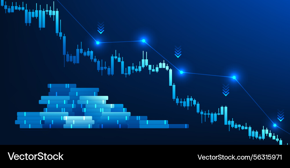 Falling stock chart along with a coin indicates Falling stock chart along with a coin indicates vector image