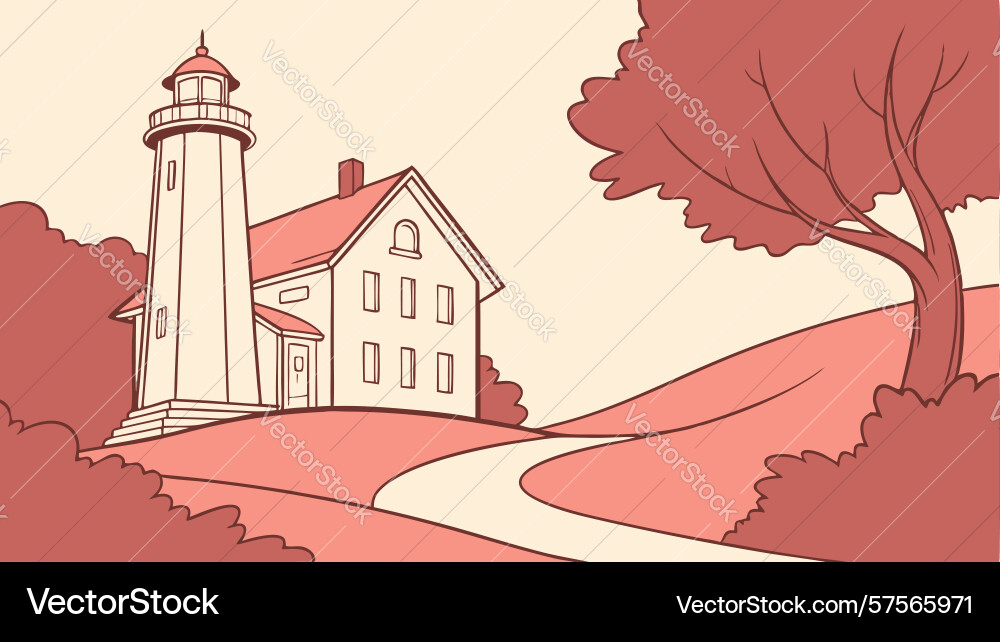 Quaint lighthouse scene on coastal path design Vector Image