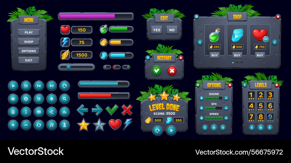 Game ui jungle forest stone interface buttons Game ui jungle forest stone interface buttons vector image