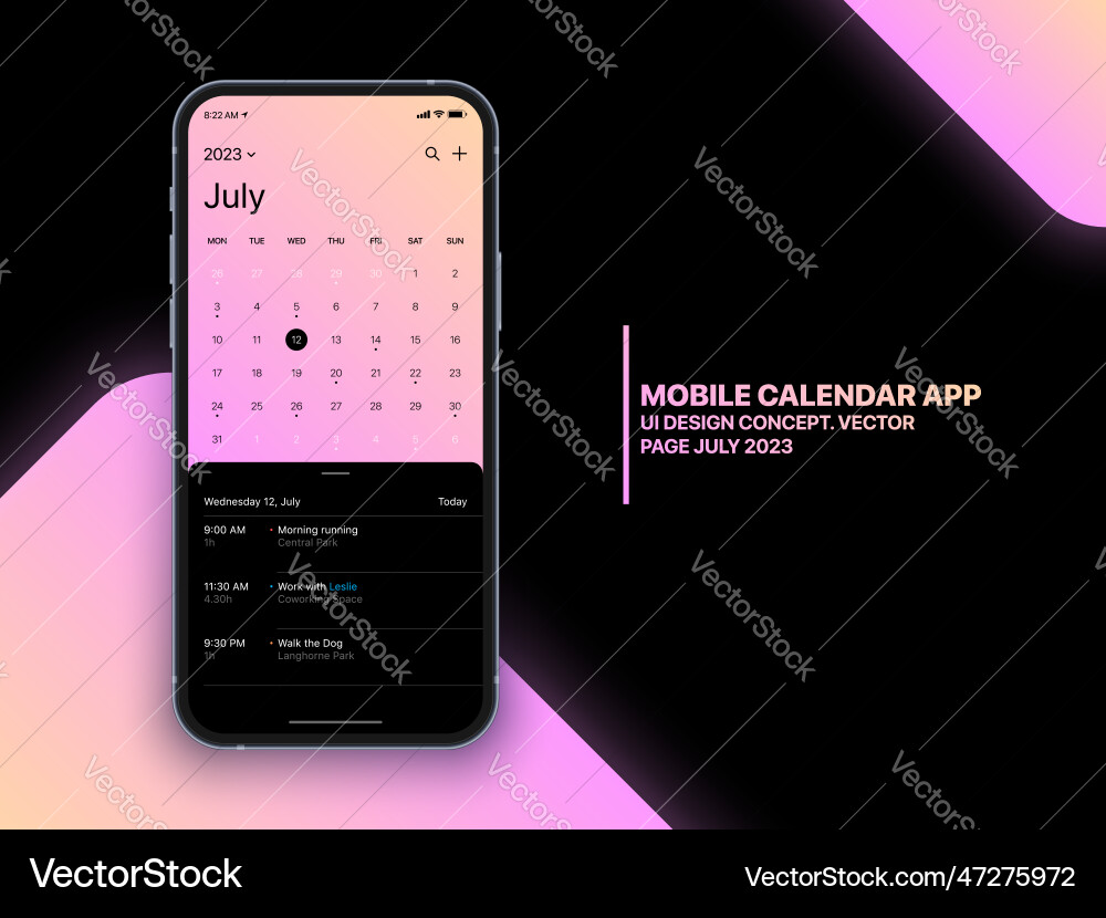 Mobile app calendar 2023 with to do list vector image