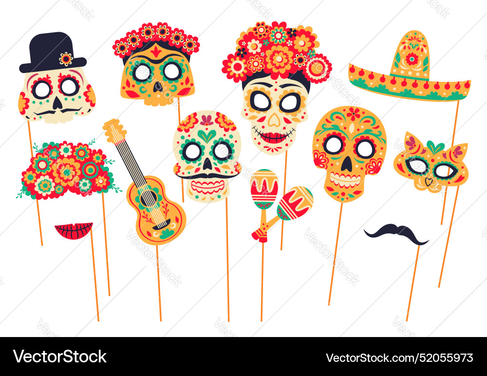Mexican dead day photo booth masks holiday props Mexican dead day photo booth masks holiday props vector image