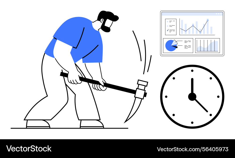 Worker breaking clock with pickaxe symbolizing Vector Image
