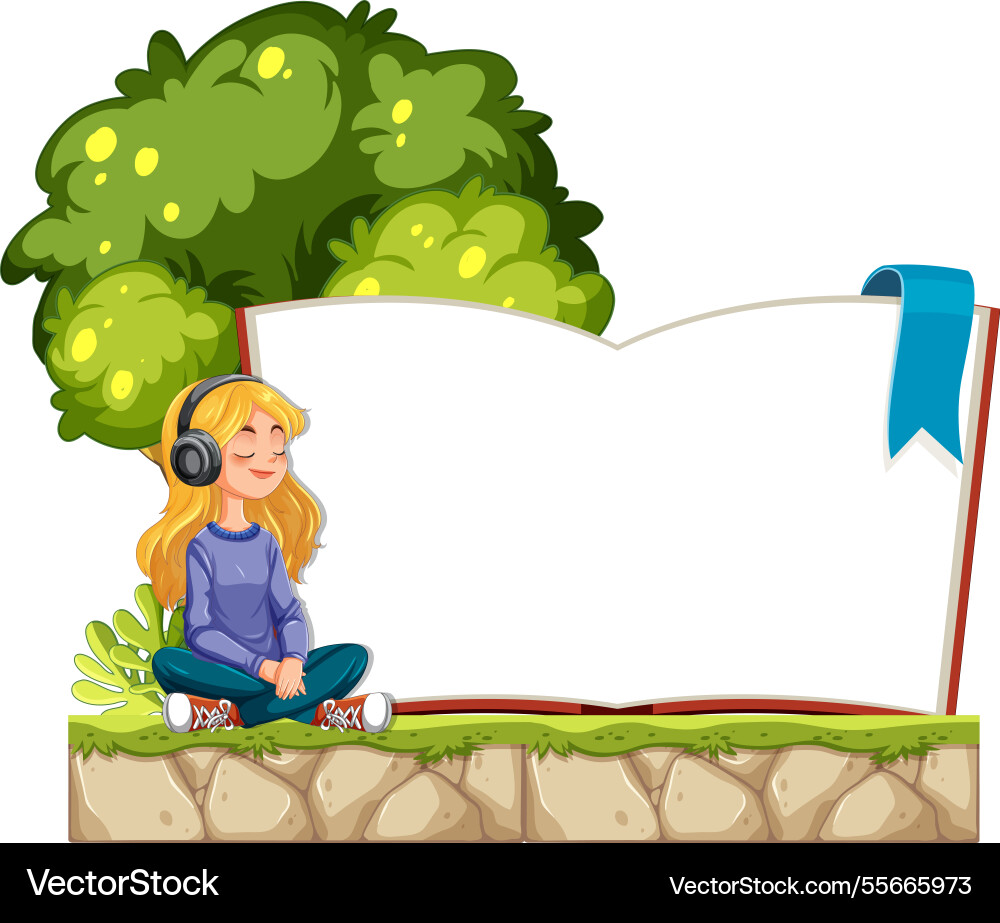 Young girl enjoying music beside large open book Young girl enjoying music beside large open book vector image