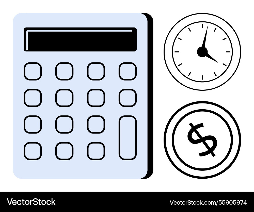 Calculator with clock and dollar icon representing Vector Image