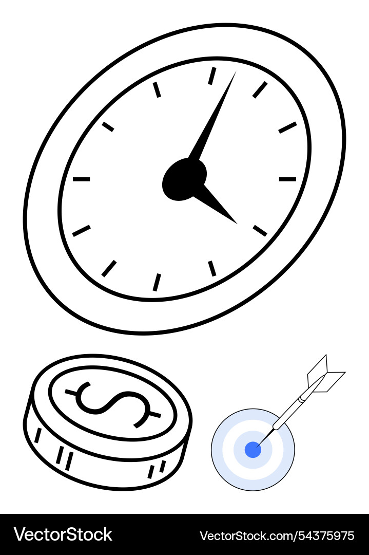 Clock dollar coin and target with arrow Clock dollar coin and target with arrow vector image
