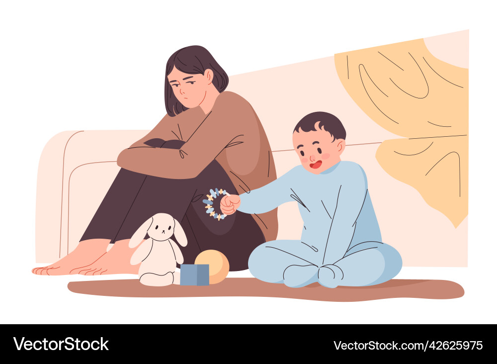 Distressed mother sits by her playing child vector image